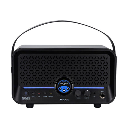 Front view of MOOER F15i Li Black with strap on white background