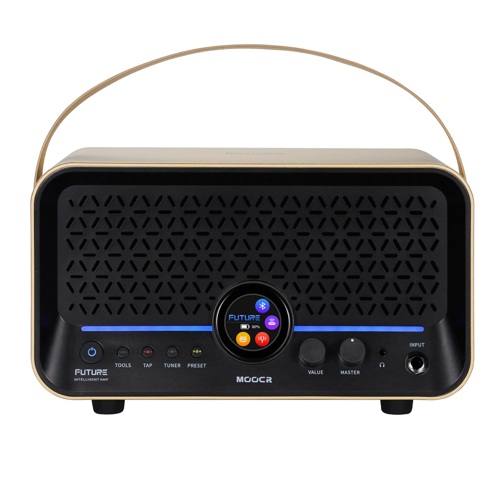 Front view of MOOER F15i Li Gold with strap on white background