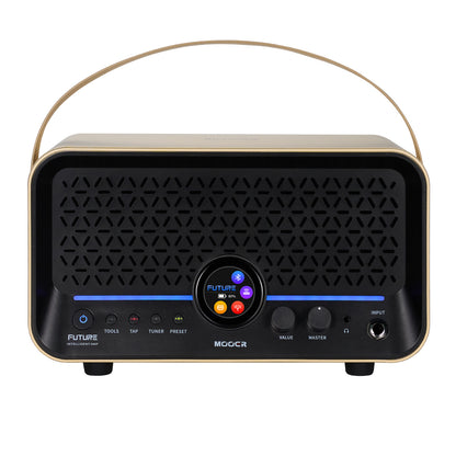 Front view of MOOER F15i Li Gold with strap on white background