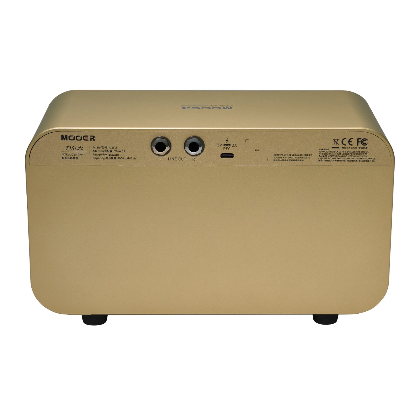 Rear view of MOOER F15i Li Gold on white background