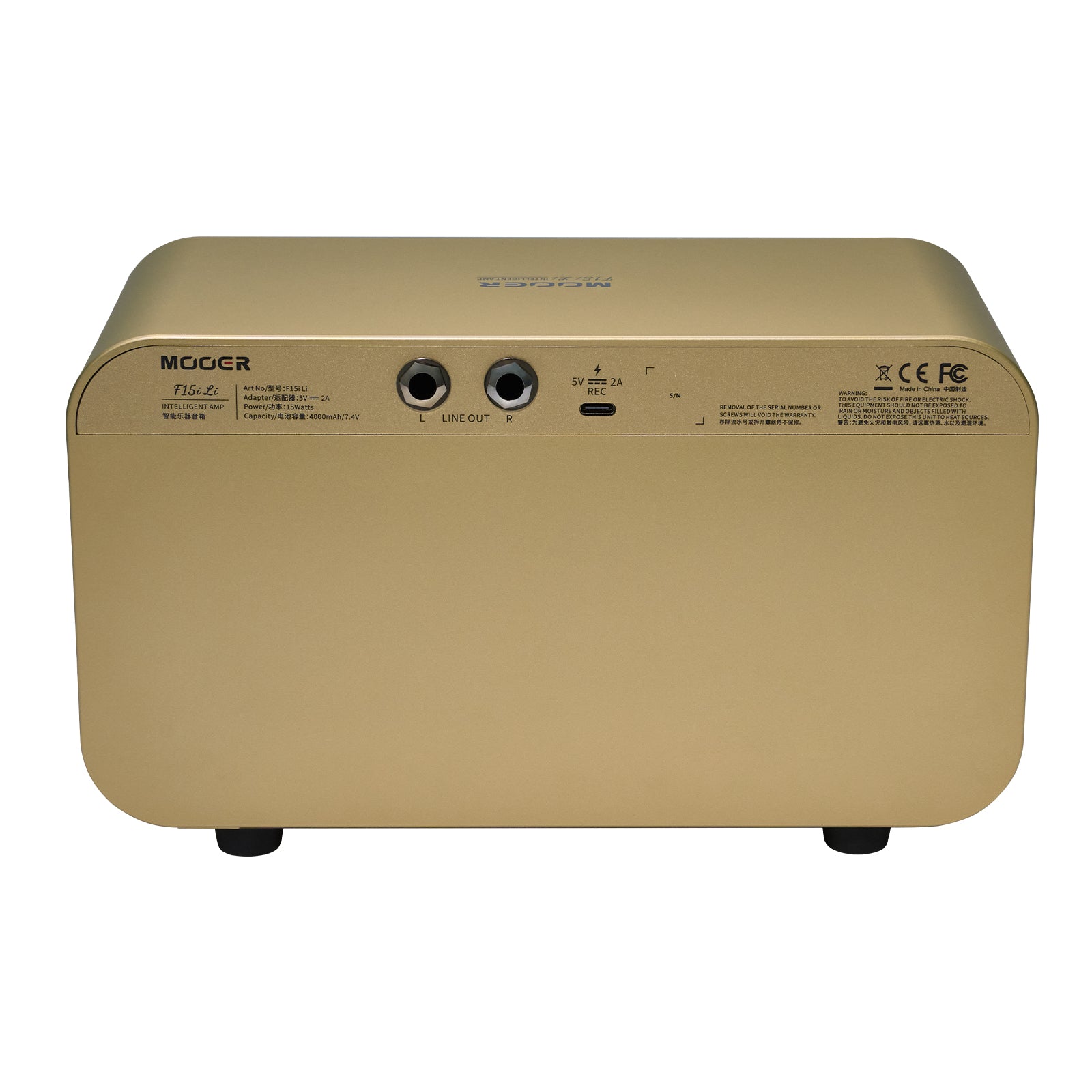 Rear view of MOOER F15i Li Gold on white background