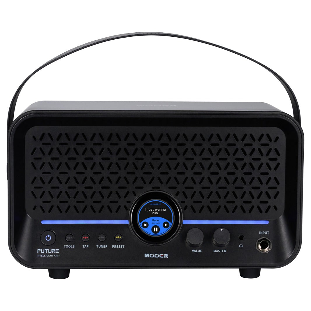 Black portable audio device with a handle on a white background