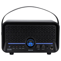 Black portable audio device with a handle on a white background