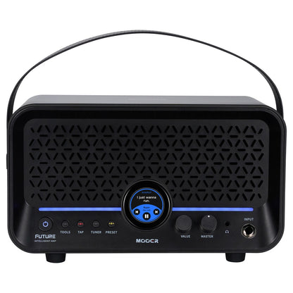 Black portable audio device with a handle on a white background