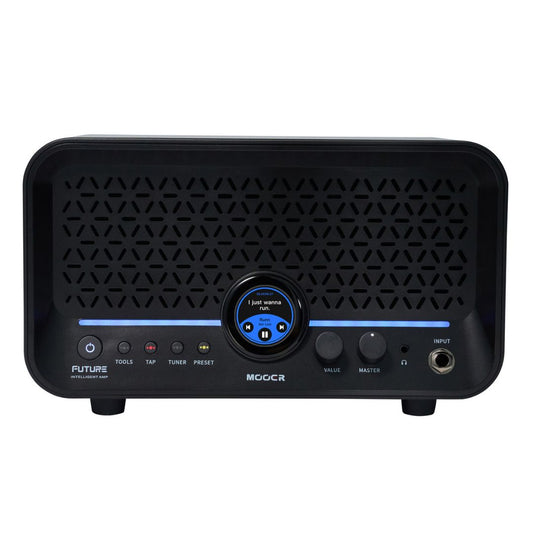 Black audio device with control panel on a white background
