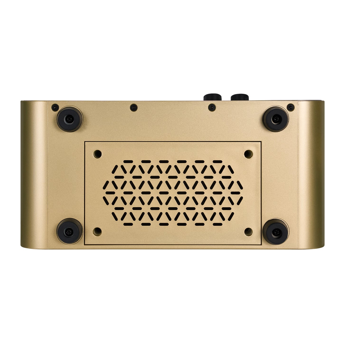 Gold electronic device with a geometric pattern on a white background