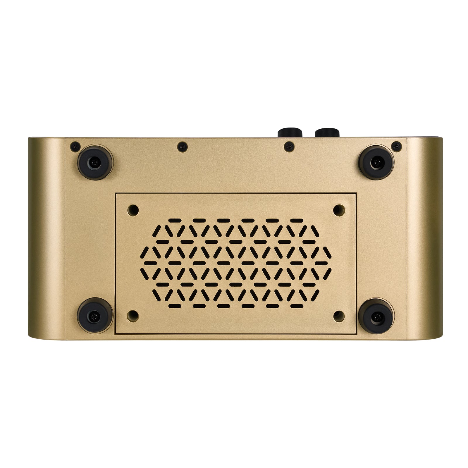 Gold electronic device with a geometric pattern on a white background