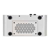 Bottom view of a white electronic device with black speaker grilles on a white background