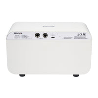 White electronic device with ports and branding on a white background