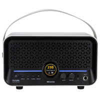 Black and white audio device with digital display on a white background