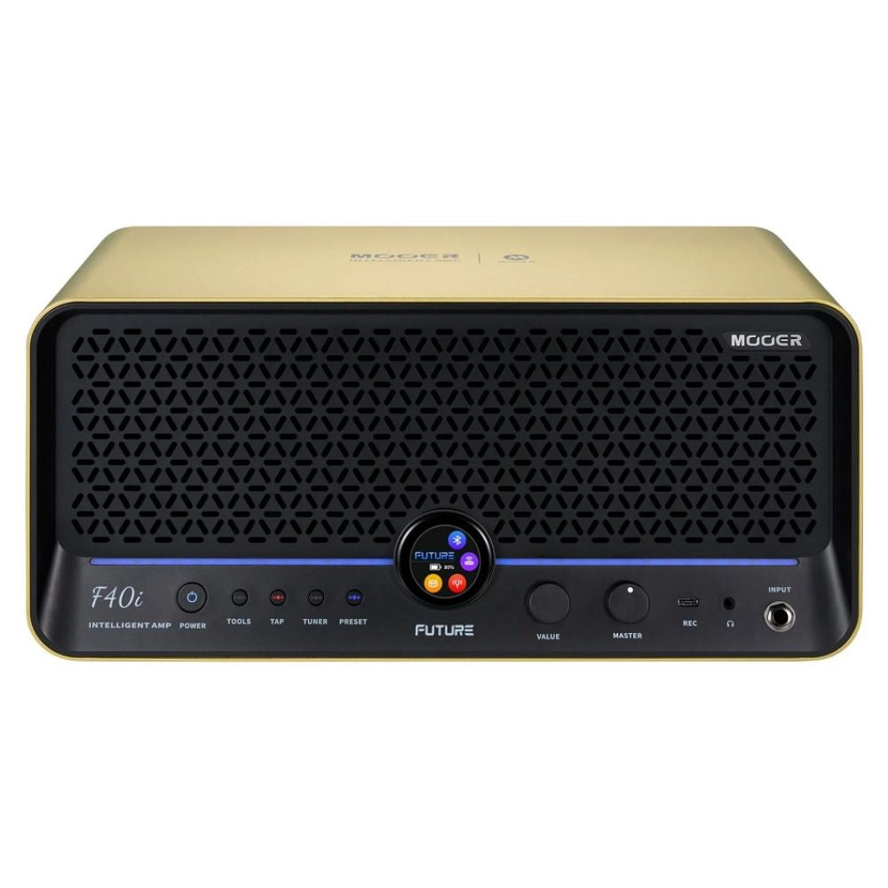 Front view of MOOER F40i Amp Imperial Gold on white background