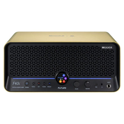 Front view of MOOER F40i Amp Imperial Gold on white background