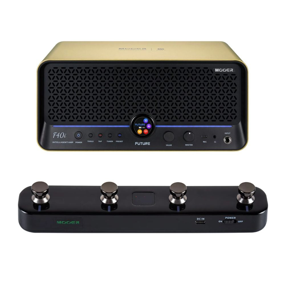 Front view of MOOER F40i Intelligent Amp Imperial Gold and Black F4 Footswitch on white background