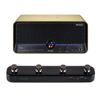 Front view of MOOER F40i Intelligent Amp Imperial Gold and Black F4 Footswitch on white background