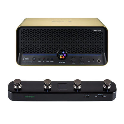 Front view of MOOER F40i Intelligent Amp Imperial Gold and Black F4 Footswitch on white background