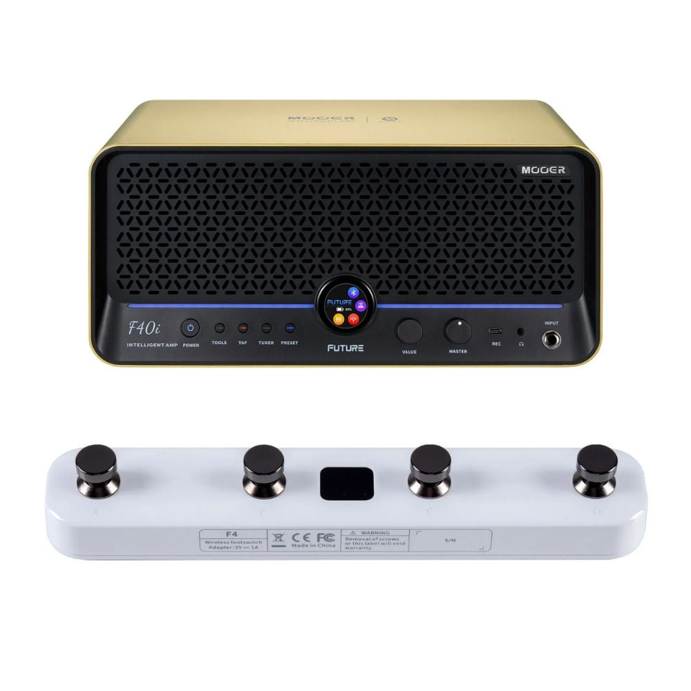 Front view of MOOER F40i Intelligent Amp Imperial Gold and White F4 Footswitch on white background