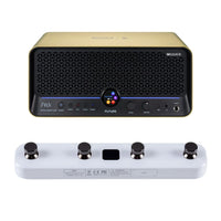 Front view of MOOER F40i Intelligent Amp Imperial Gold and White F4 Footswitch on white background