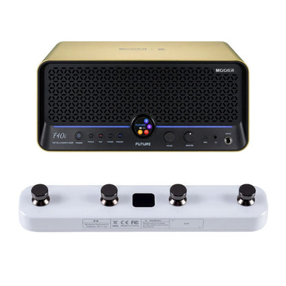 Front view of MOOER F40i Intelligent Amp Imperial Gold and White F4 Footswitch on white background