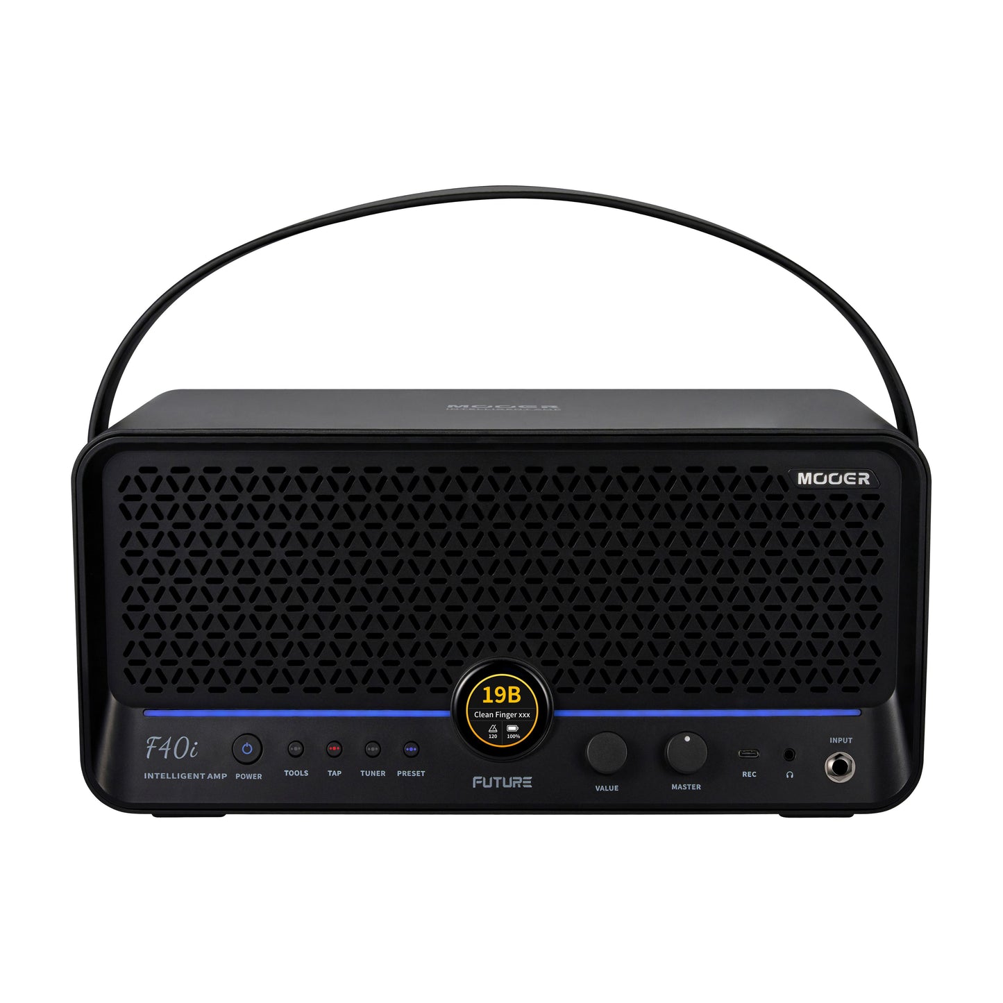 Front view of MOOER F40i Amp Phantom Black on white background
