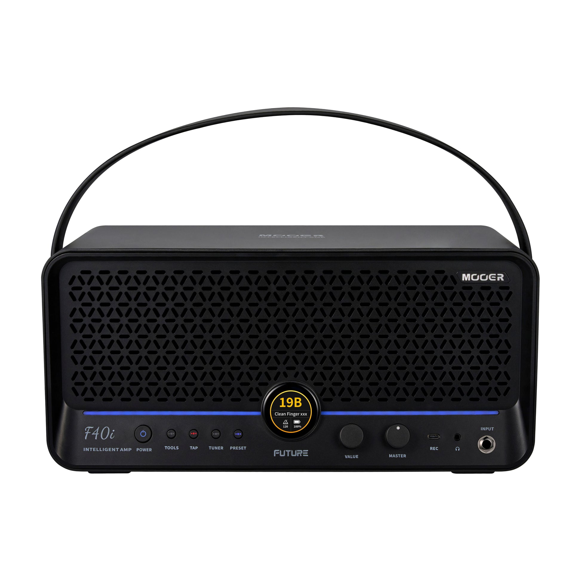 Front view of MOOER F40i Amp Phantom Black on white background
