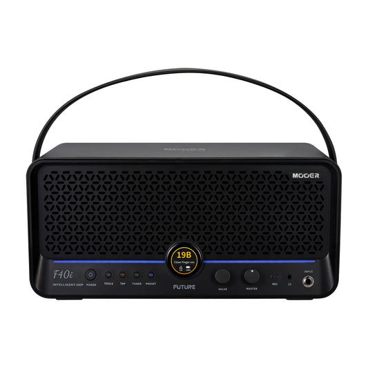 Front view of MOOER F40i Amp Phantom Black on white background