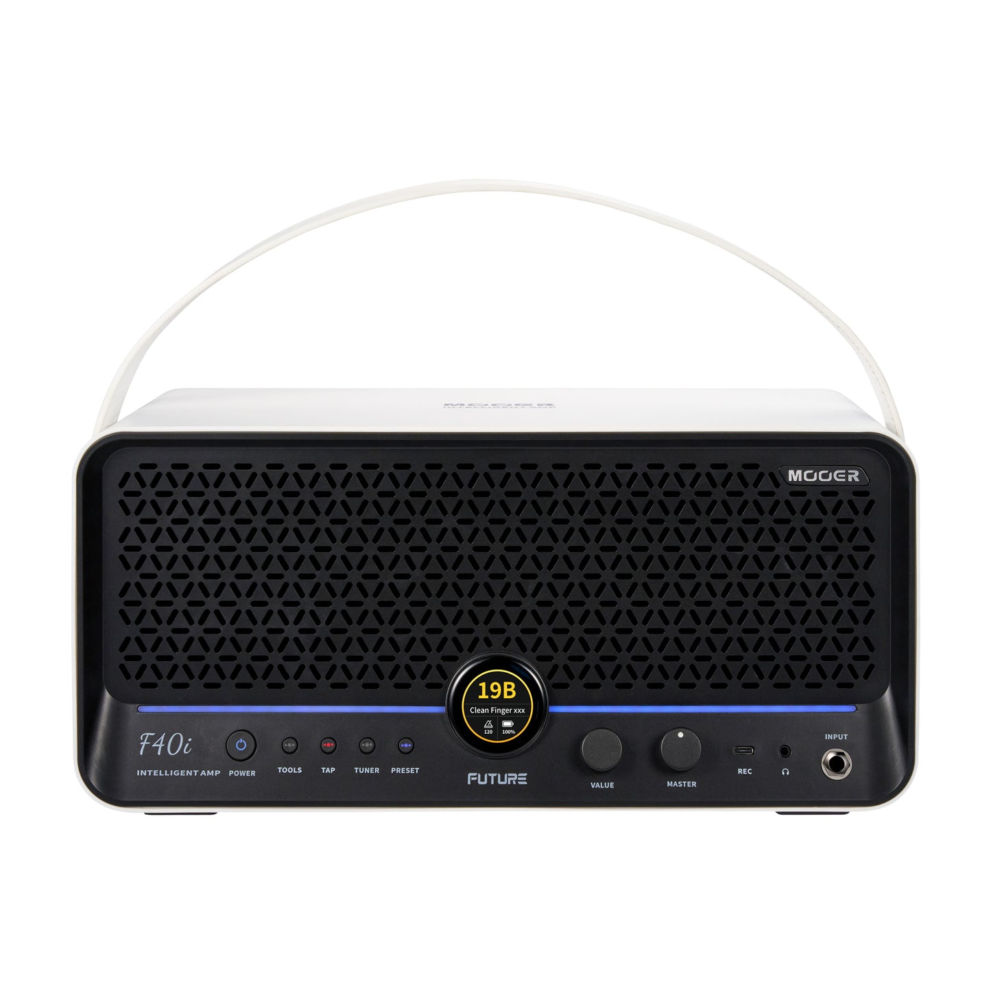 Front view of MOOER F40i Amp Snowfall White on white background