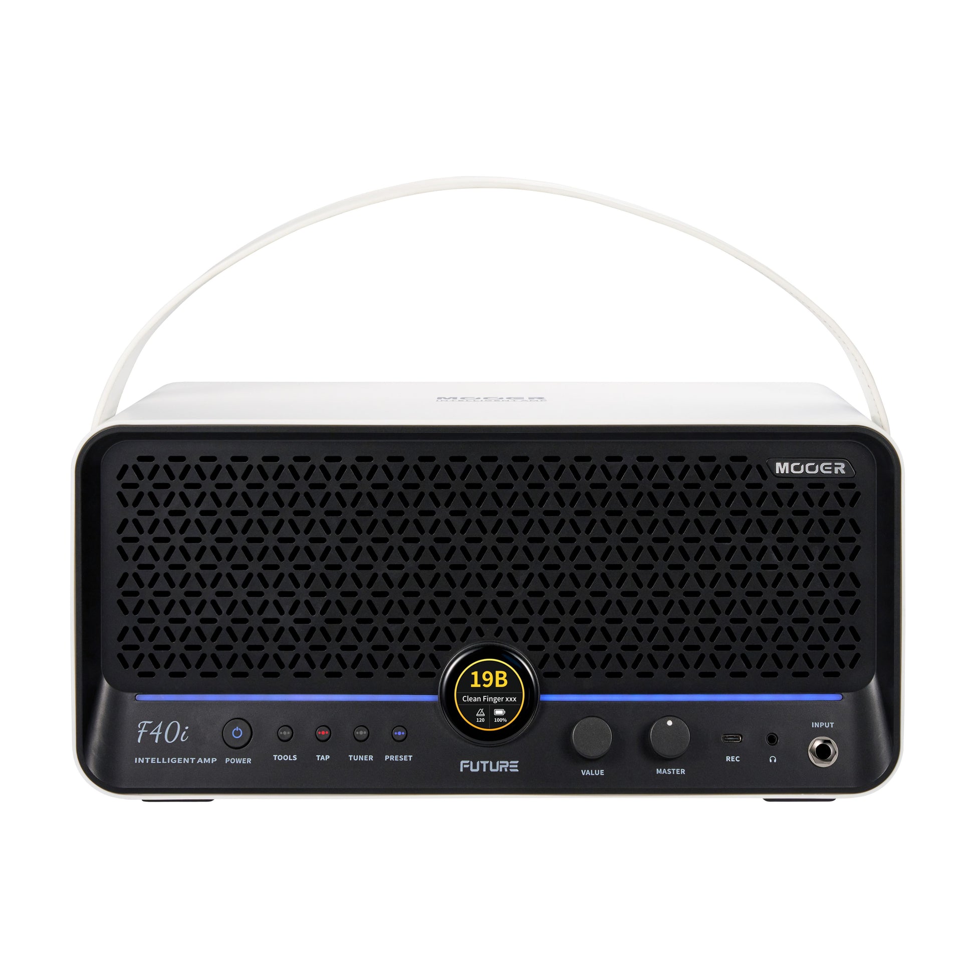 Front view of MOOER F40i Amp Snowfall White on white background