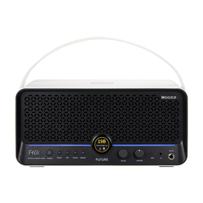 Front view of MOOER F40i Amp Snowfall White on white background