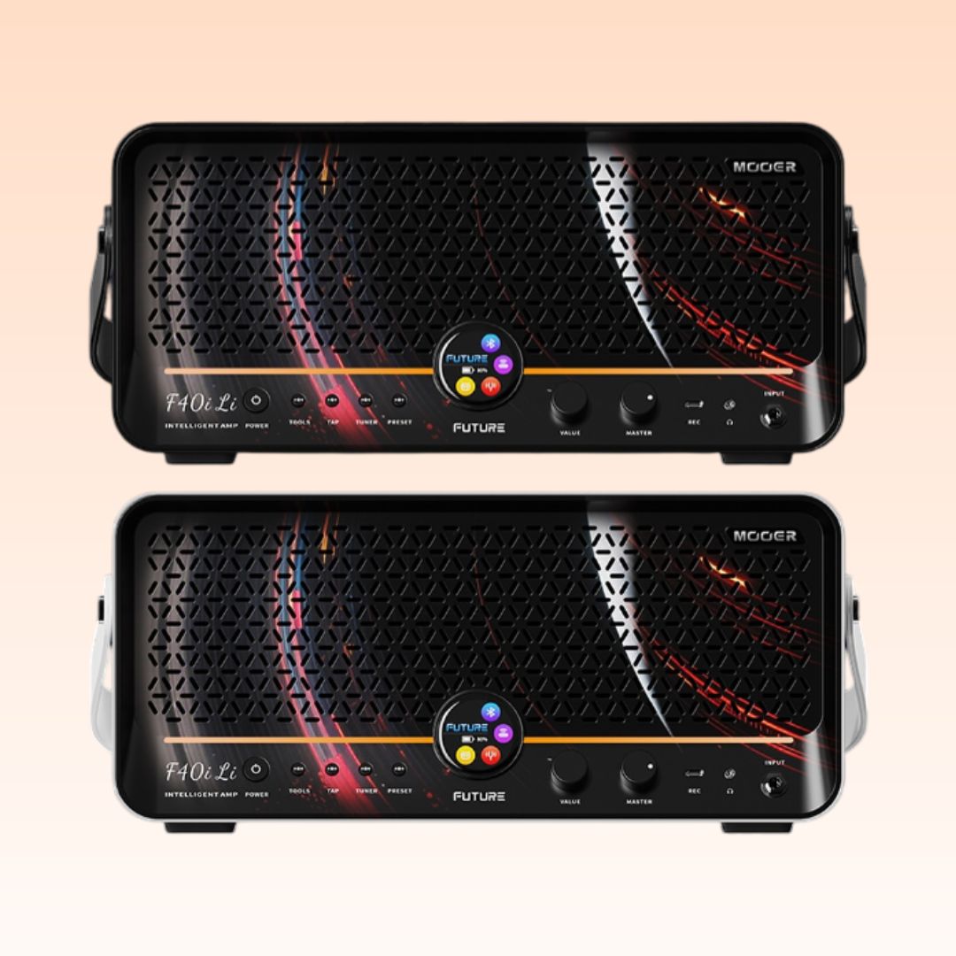 Front view of MOOER F40i Li Intelligent Amp Snowfall White and Phantom Black on orange background