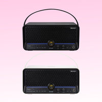 Front view of MOOER F40i Intelligent Amp Snowfall White and Phantom Black on pink background