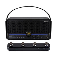 Front view of MOOER F40i Intelligent Amp Phantom Black and Black F4 Footswitch on white background