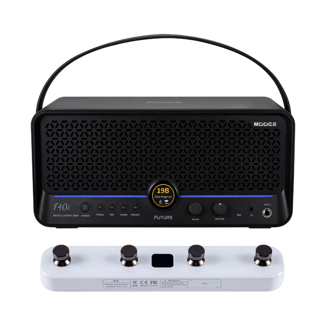 Front view of MOOER F40i Intelligent Amp Phantom Black and White F4 Footswitch on white background