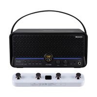 Front view of MOOER F40i Intelligent Amp Phantom Black and White F4 Footswitch on white background