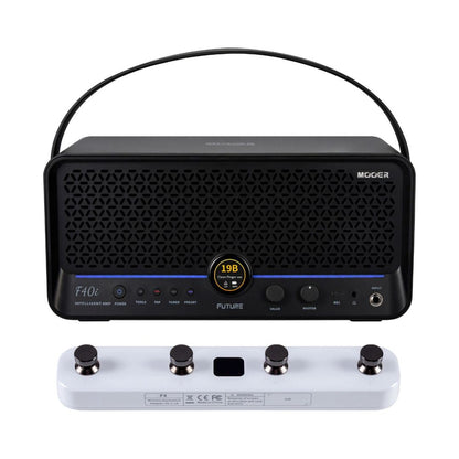 Front view of MOOER F40i Intelligent Amp Phantom Black and White F4 Footswitch on white background