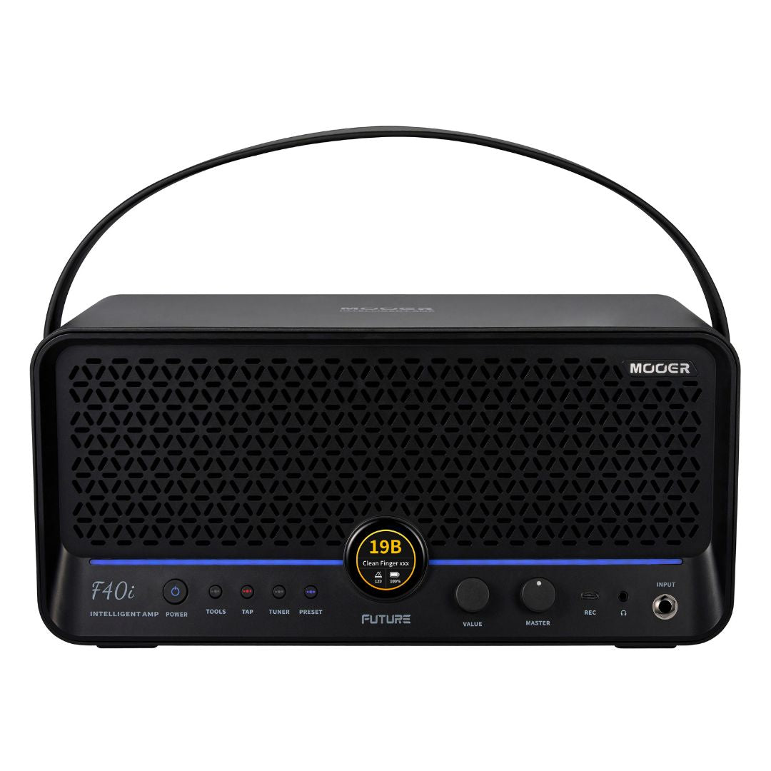 Front view of MOOER F40i Intelligent Amp Phantom Black on white background