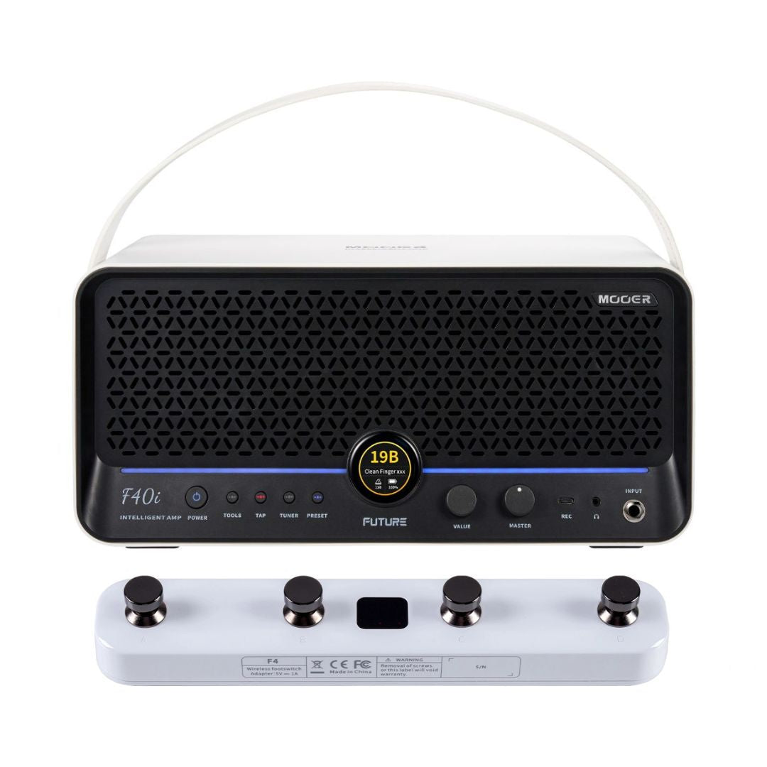 Front view of MOOER F40i Intelligent Amp Snowfall White and White F4 Footswitch on white background