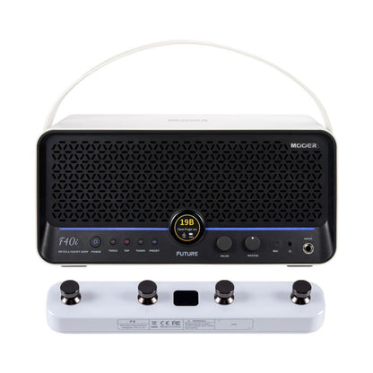 Front view of MOOER F40i Intelligent Amp Snowfall White and White F4 Footswitch on white background