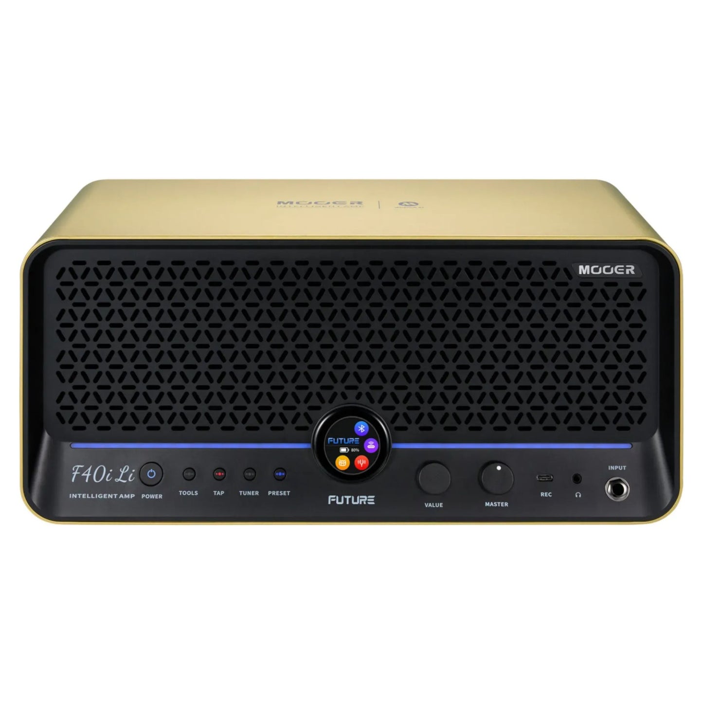 Front view of MOOER F40i Li Amp Imperial Gold on white background