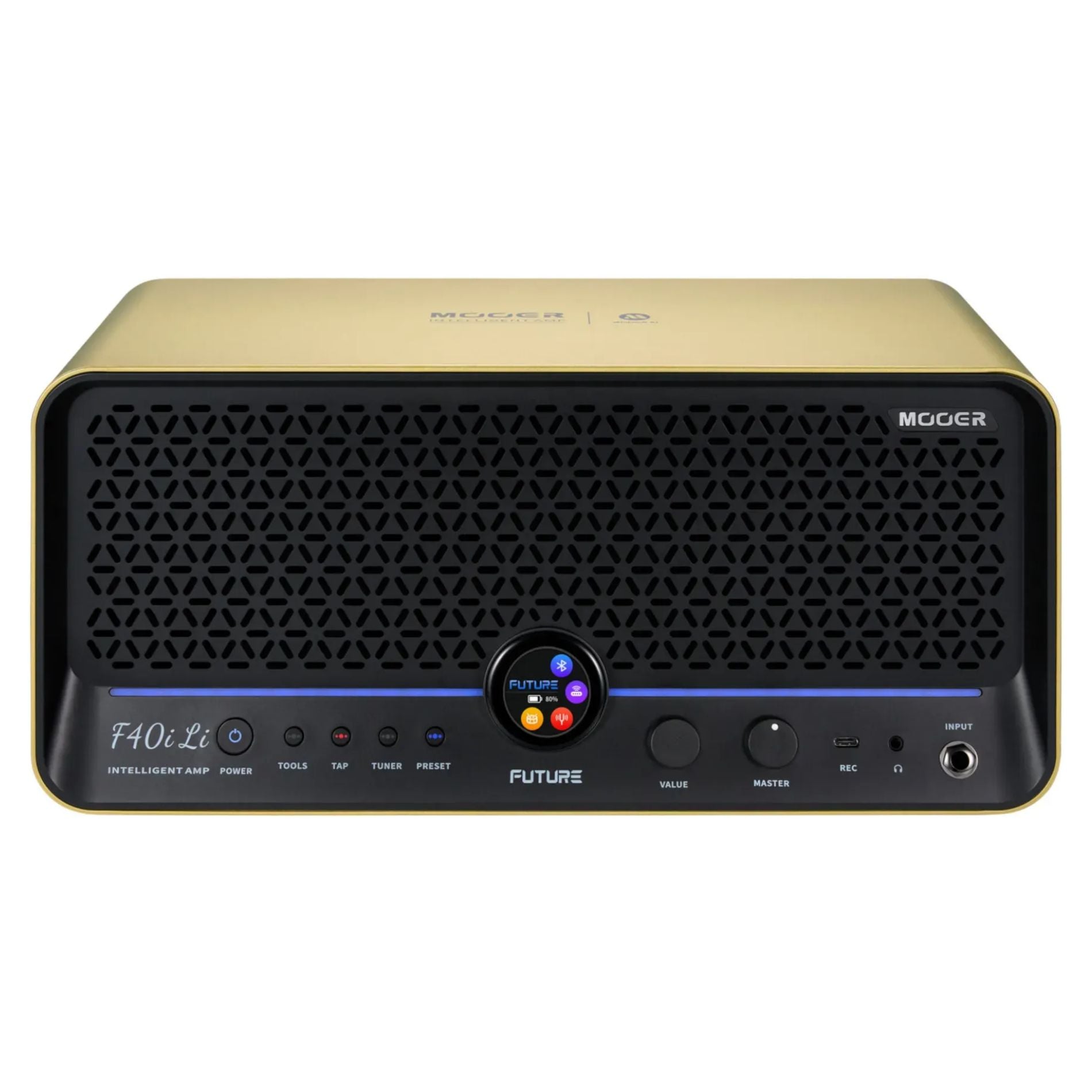Front view of MOOER F40i Li Amp Imperial Gold on white background