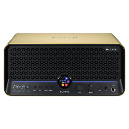 Front view of MOOER F40i Li Amp Imperial Gold on white background