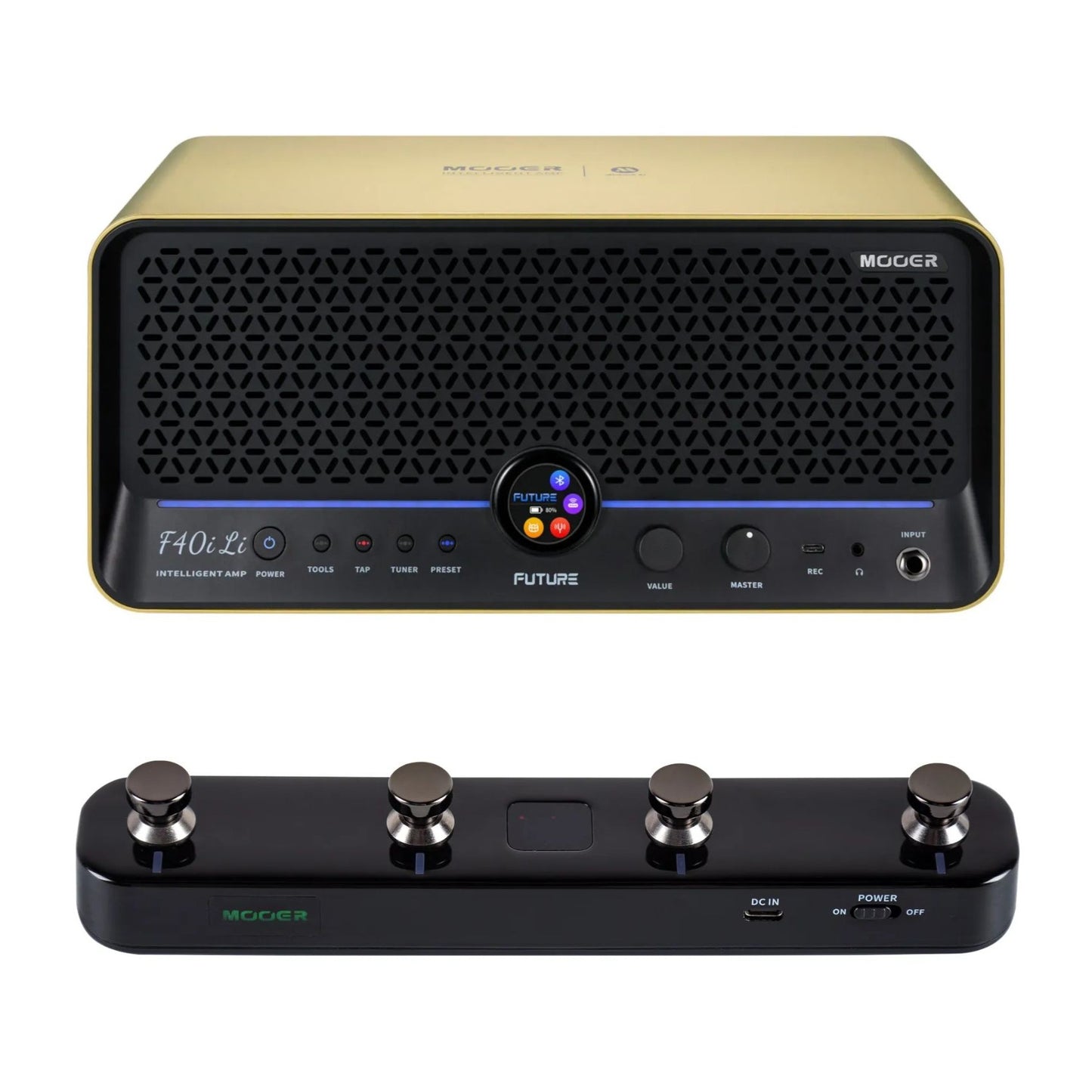 Front view of MOOER F40i Li Intelligent Amp Imperial Gold and Black F4 Footswitch on white background