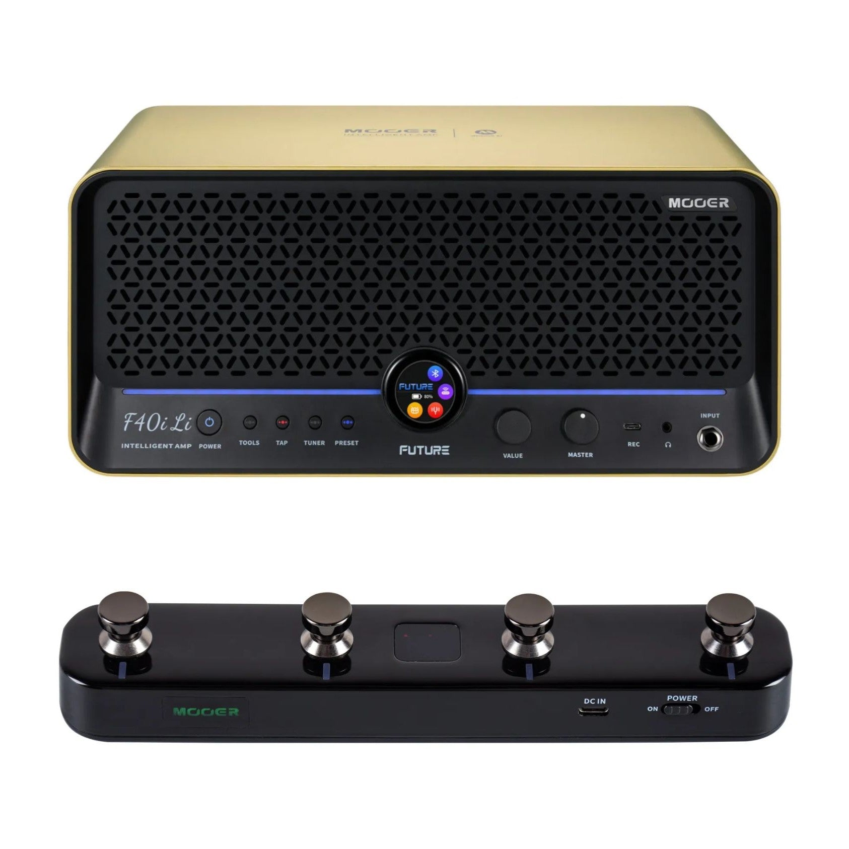 Front view of MOOER F40i Li Intelligent Amp Imperial Gold and Black F4 Footswitch on white background