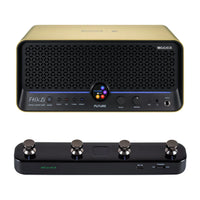 Front view of MOOER F40i Li Intelligent Amp Imperial Gold and Black F4 Footswitch on white background