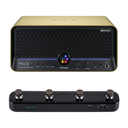 Front view of MOOER F40i Li Intelligent Amp Imperial Gold and Black F4 Footswitch on white background