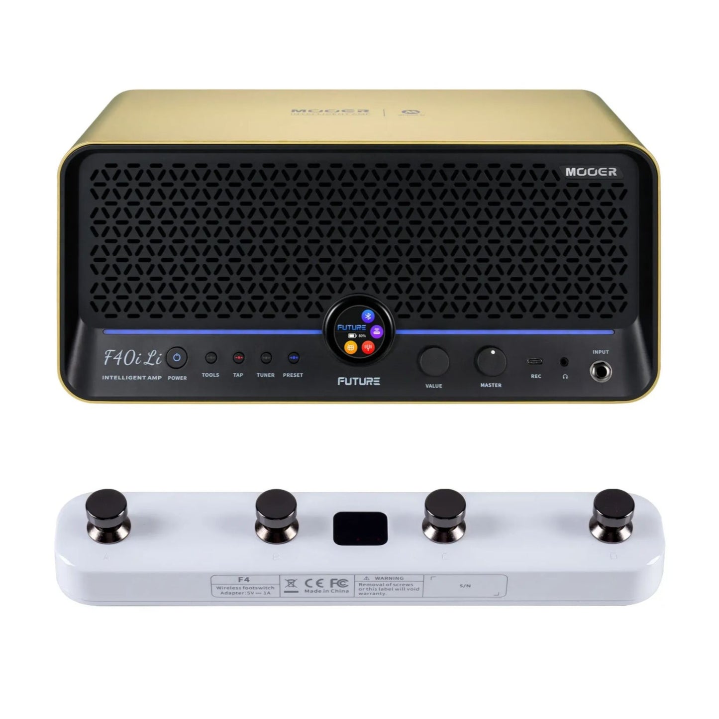Front view of MOOER F40i Li Intelligent Amp Imperial Gold and White F4 Footswitch on white background