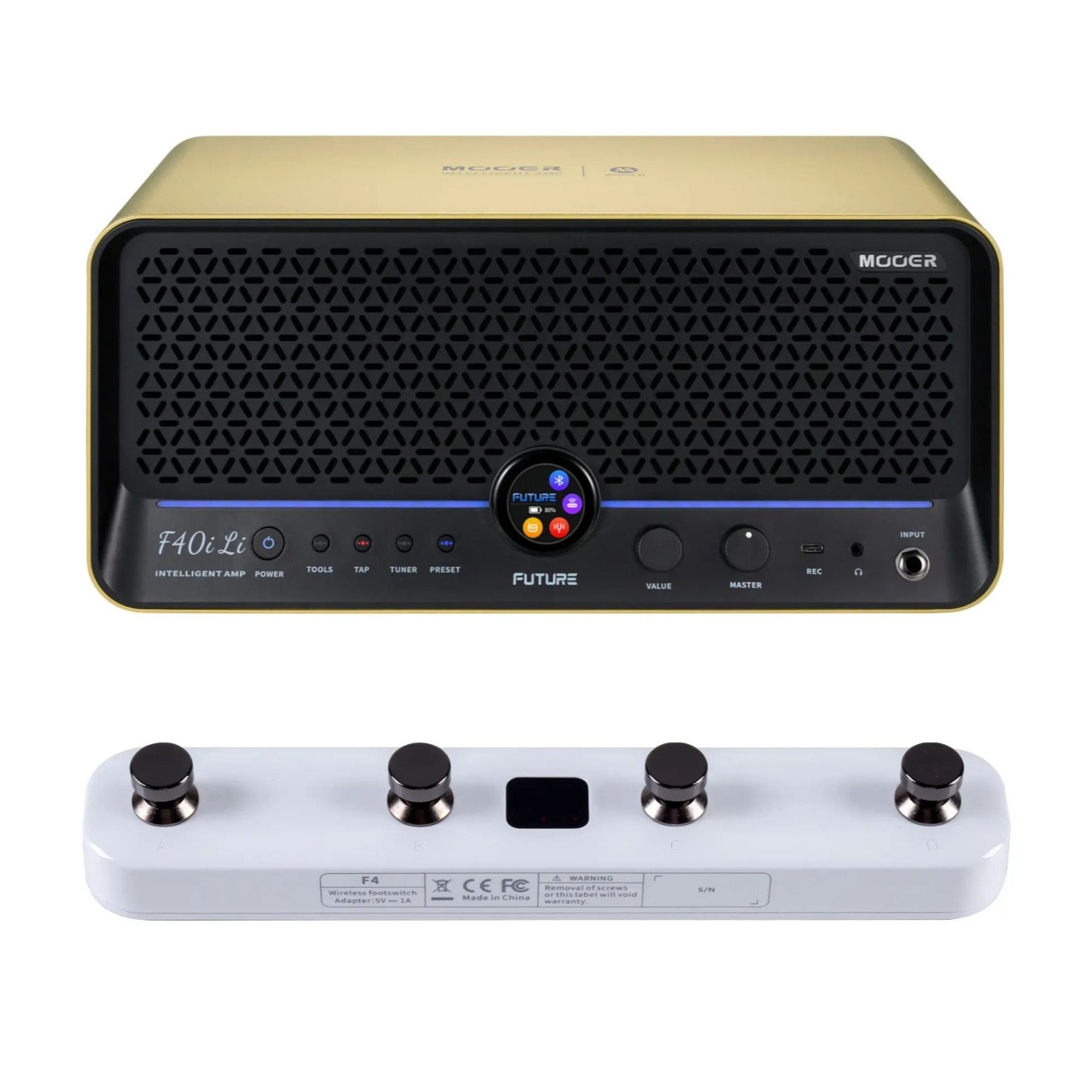 Front view of MOOER F40i Li Intelligent Amp Imperial Gold and White F4 Footswitch on white background