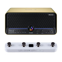 Front view of MOOER F40i Li Intelligent Amp Imperial Gold and White F4 Footswitch on white background