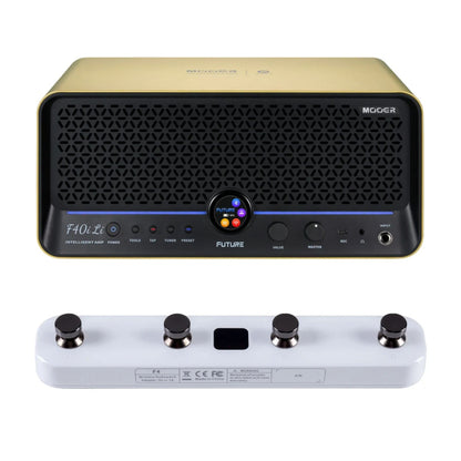 Front view of MOOER F40i Li Intelligent Amp Imperial Gold and White F4 Footswitch on white background