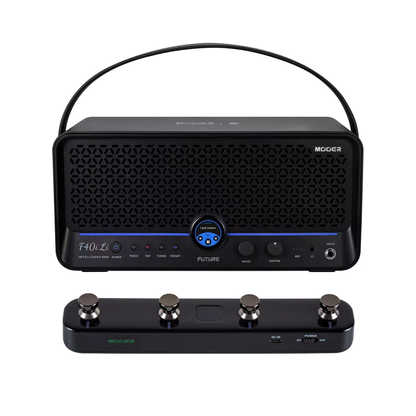 Front view of MOOER F40i Li Amp Phantom Black and Black F4 Footswitch on white background