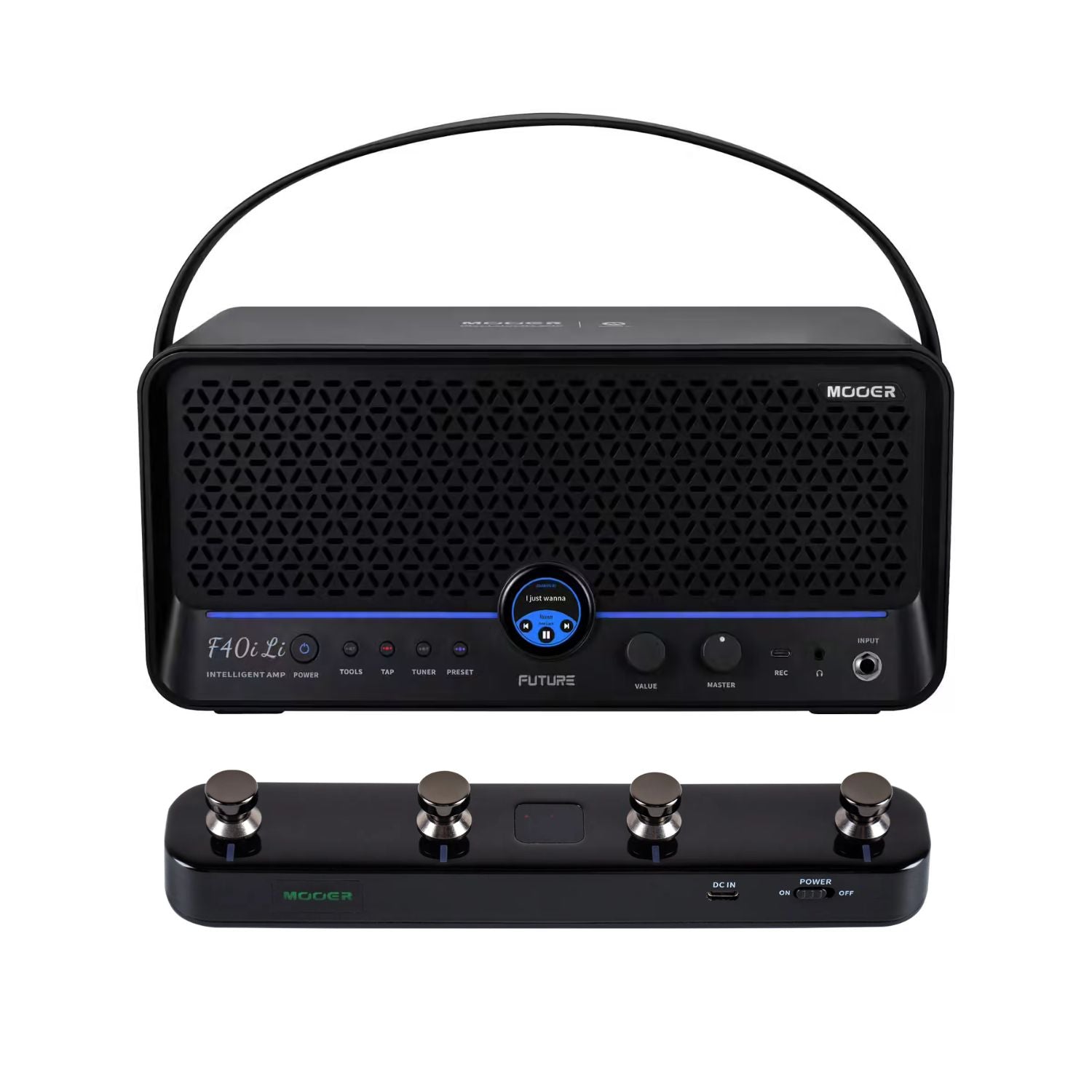 Front view of MOOER F40i Li Amp Phantom Black and Black F4 Footswitch on white background